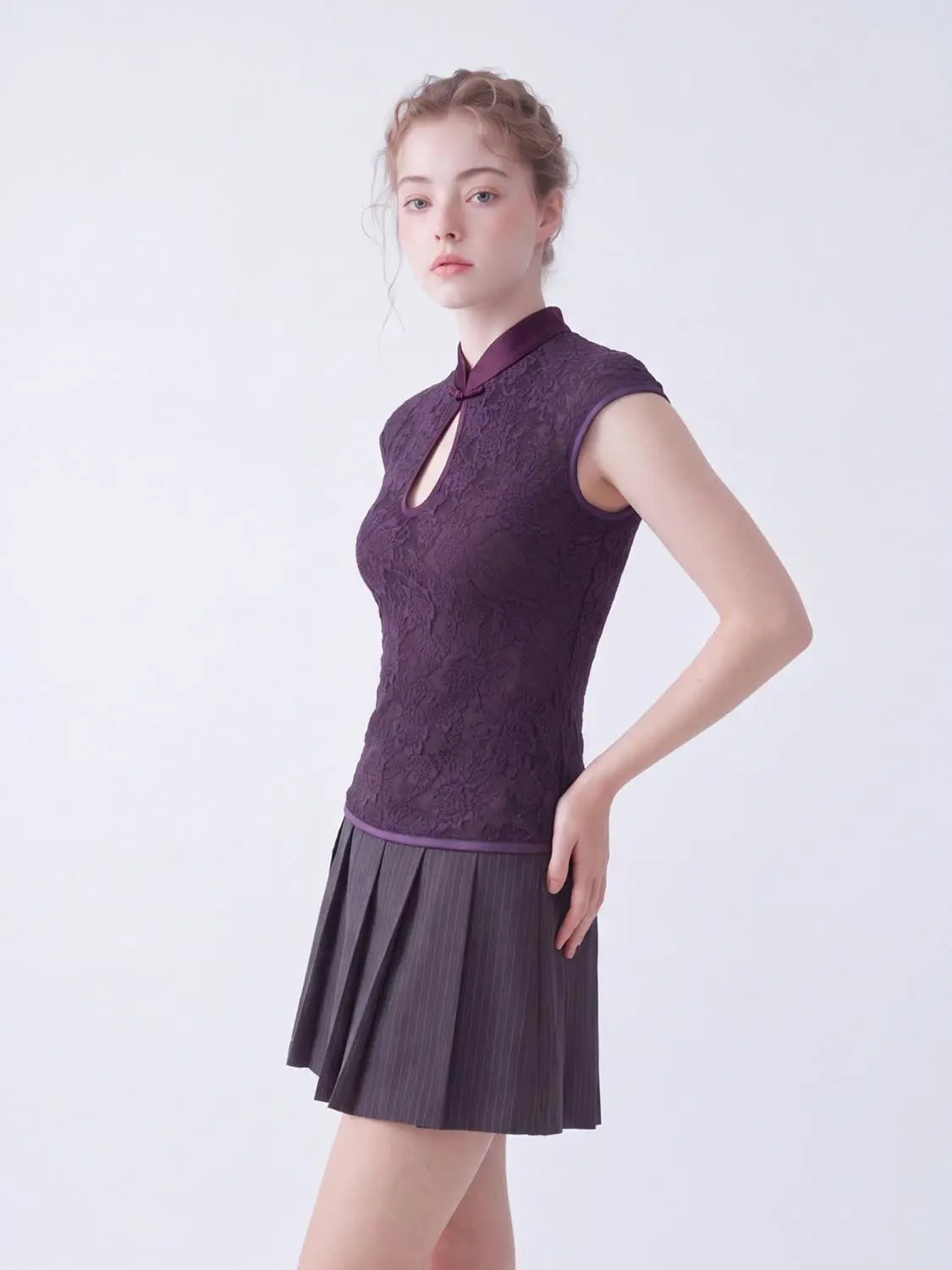 Mandarin Collar Keyhole Lace Short Sleeve Blouse