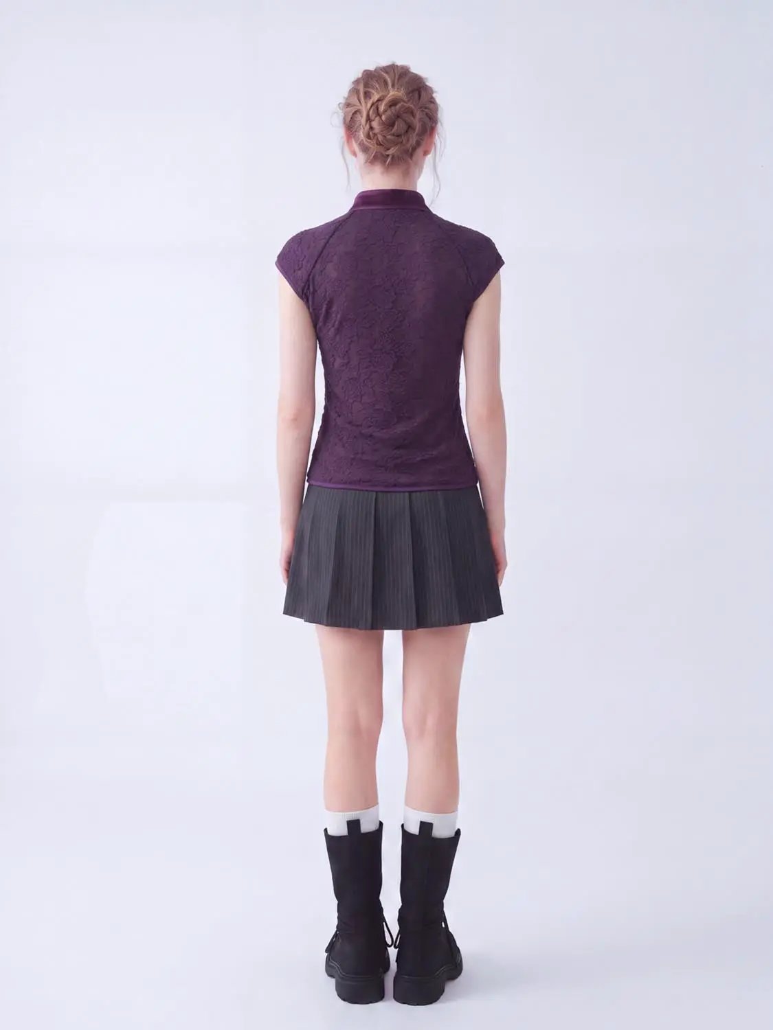 Mandarin Collar Keyhole Lace Short Sleeve Blouse
