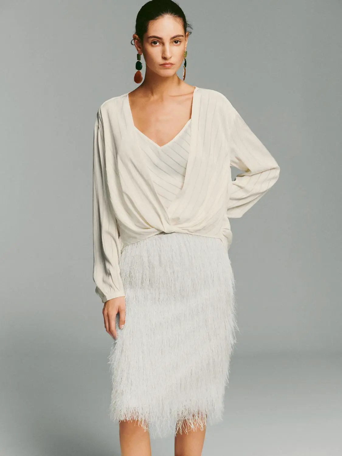 Ribbed Wrap V-neck Long Sleeve Twisted Waist Blouse