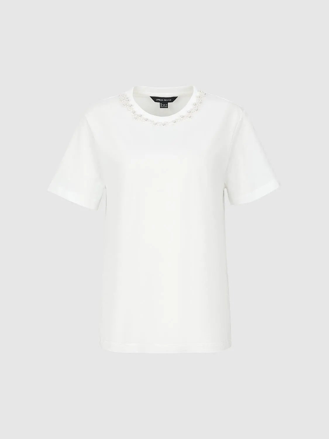 Crew Neck Pearl Embellished Short Sleeve Cotton T-Shirt