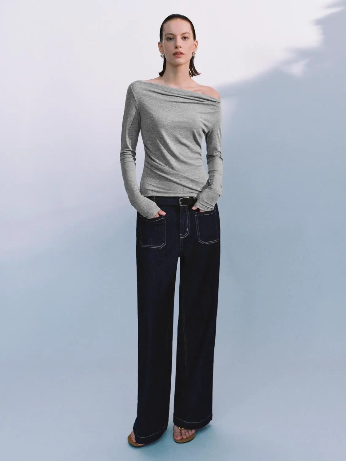 Off Shoulder Draped Side Ruched Long Sleeve Top