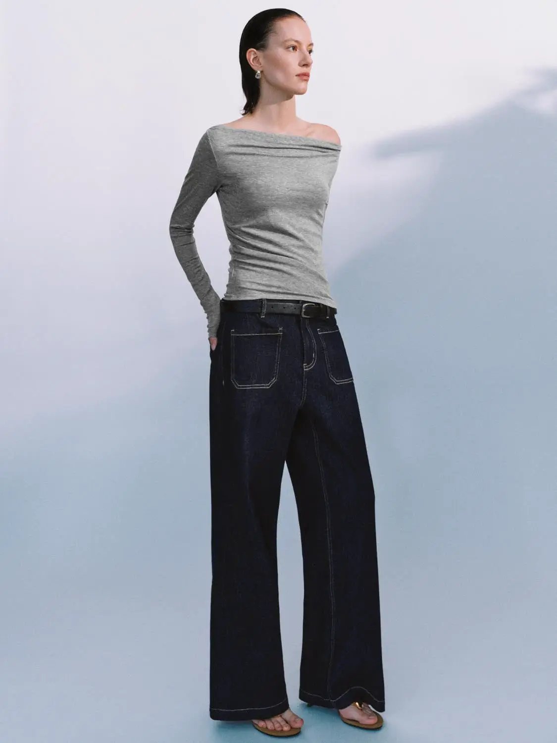Off Shoulder Draped Side Ruched Long Sleeve Top