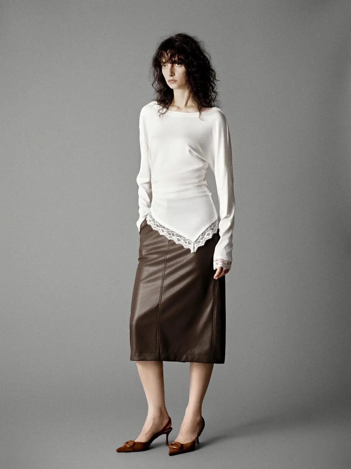 Off Shoulder Asymmetric Hem Lace Trim Ruched Long Sleeve Top