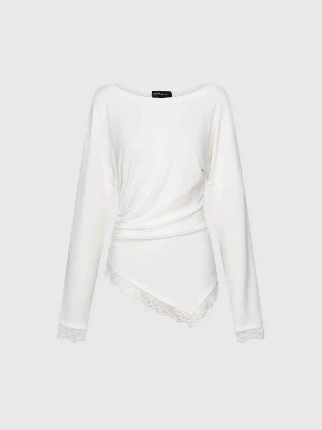 Off Shoulder Asymmetric Hem Lace Trim Ruched Long Sleeve Top