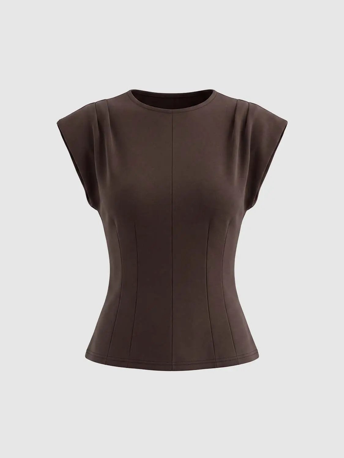 Round Neck Pleated Cap Sleeve Seamed Fitted Cropped Top