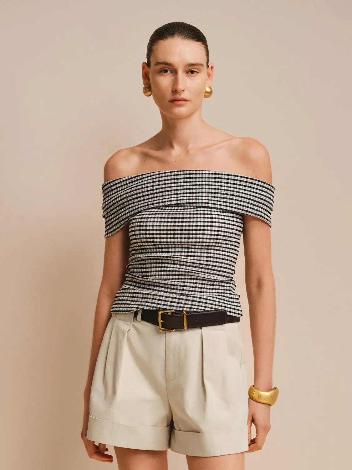 Lightweight Textured Off-shoulder Gingham Blouse