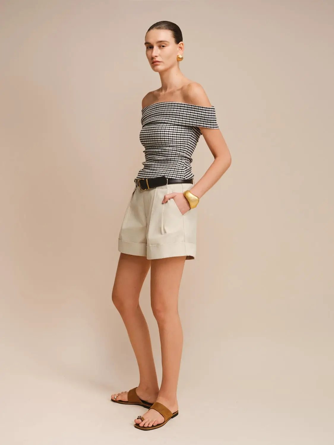 Lightweight Textured Off-shoulder Gingham Blouse