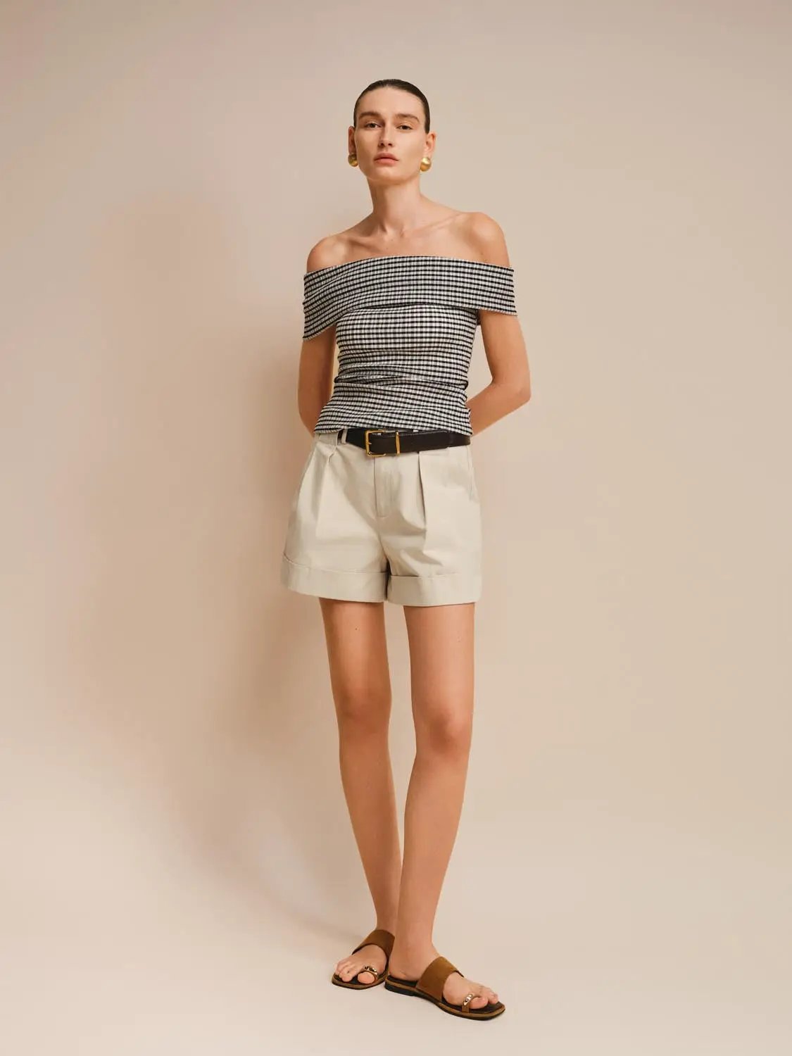 Lightweight Textured Off-shoulder Gingham Blouse