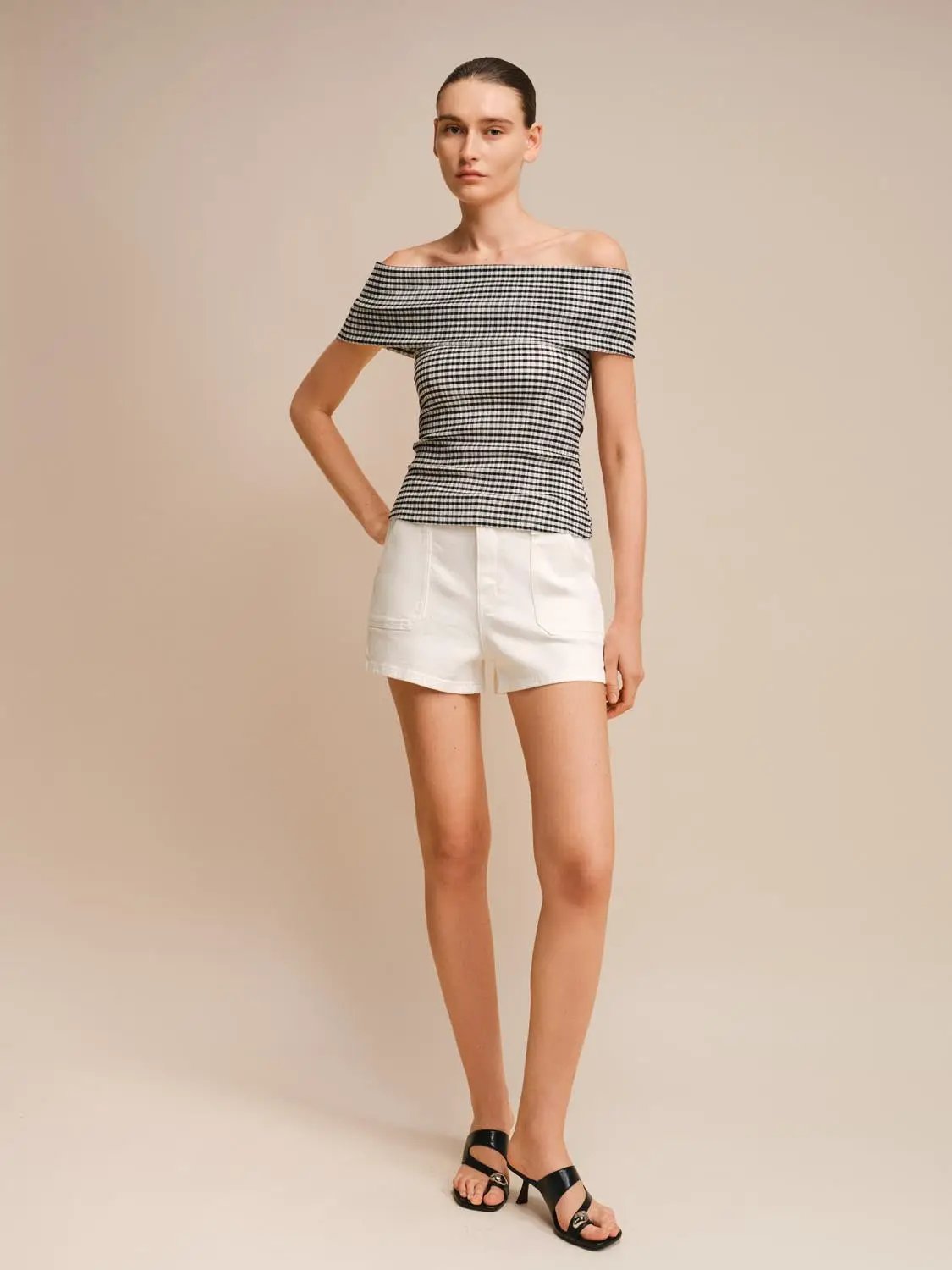 Lightweight Textured Off-shoulder Gingham Blouse