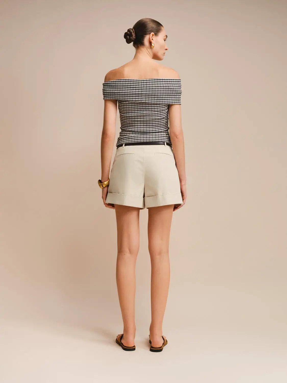 Lightweight Textured Off-shoulder Gingham Blouse