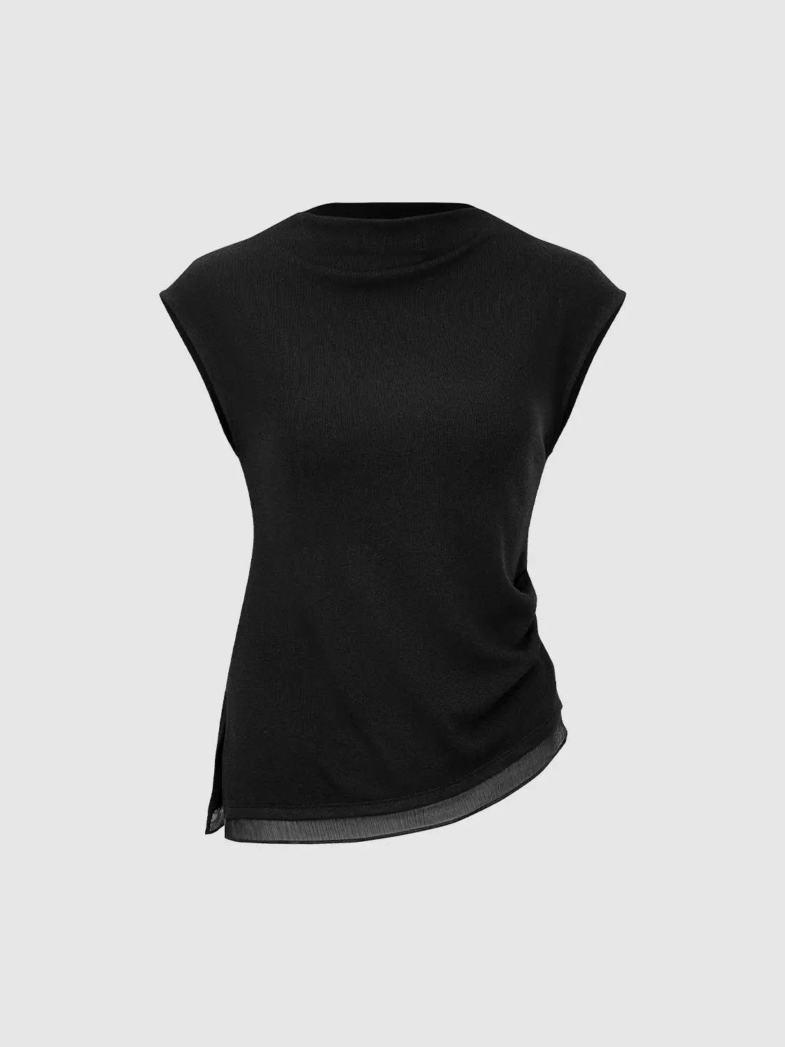 Ribbed Crew Neck Sleeveless Asymmetric Hem T-Shirt