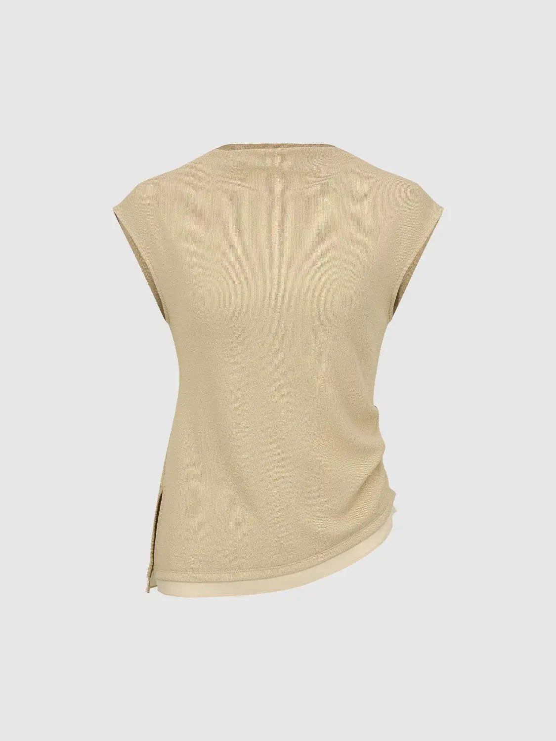 Ribbed Crew Neck Sleeveless Asymmetric Hem T-Shirt