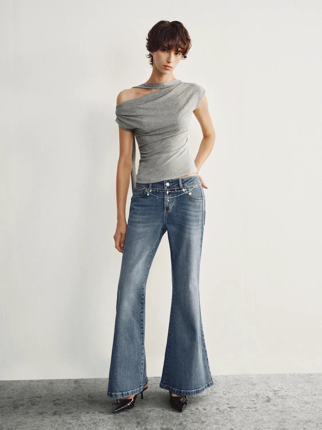 Asymmetric Shoulder Neck Tie Lyocell T-shirt