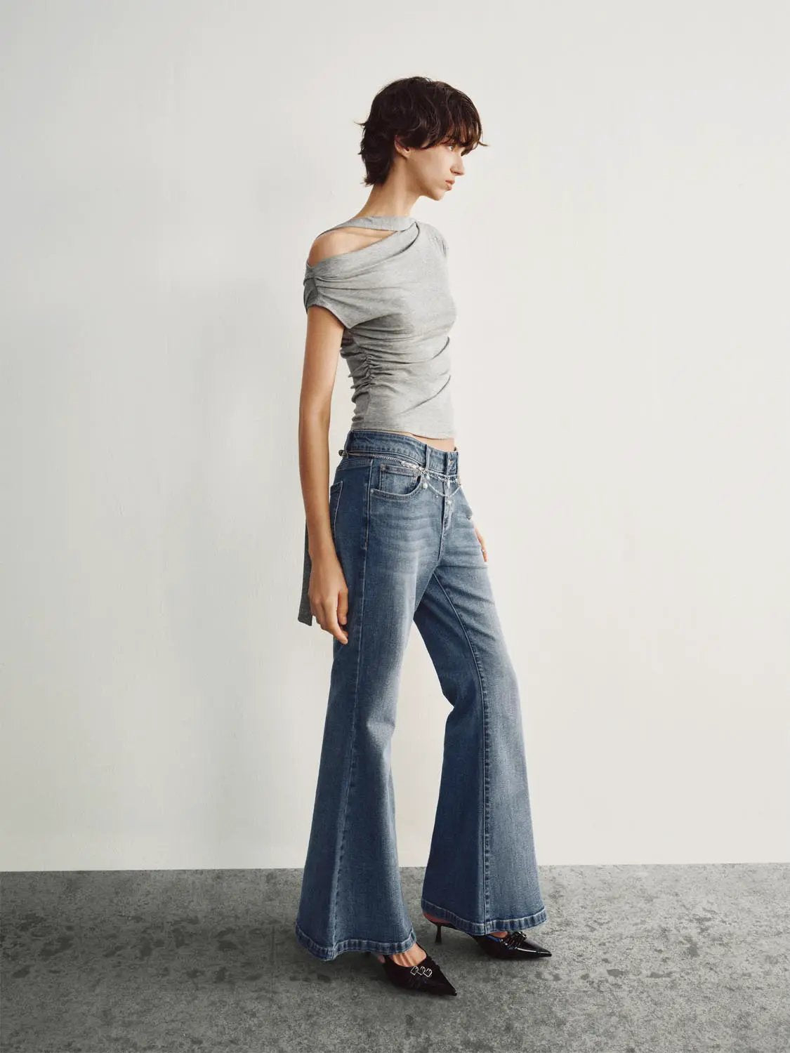 Asymmetric Shoulder Neck Tie Lyocell T-shirt