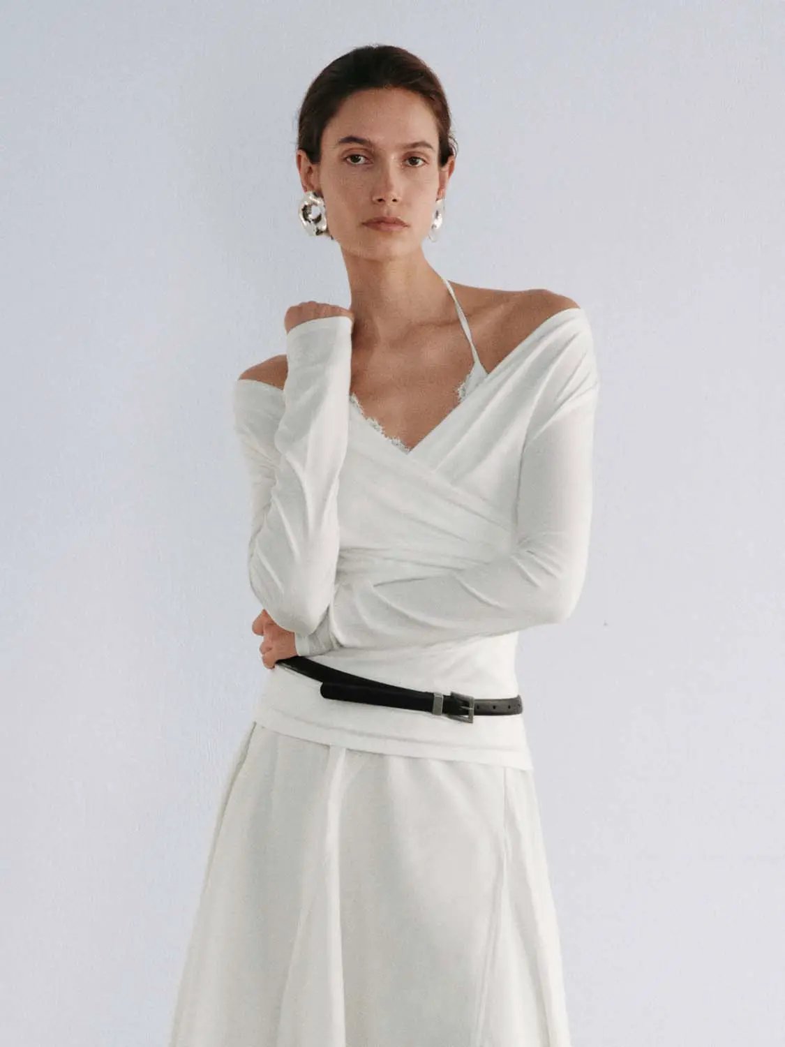 Ruched Wrap V-Neck Lace Trim Long Sleeve Top