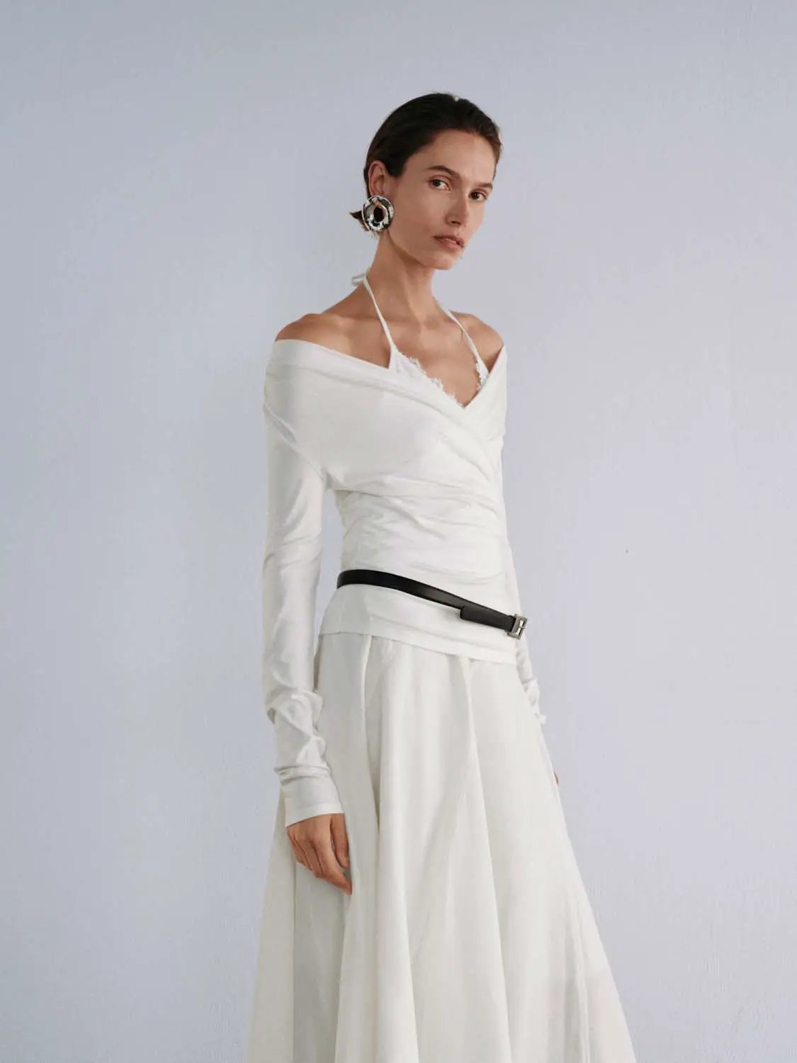 Ruched Wrap V-Neck Lace Trim Long Sleeve Top