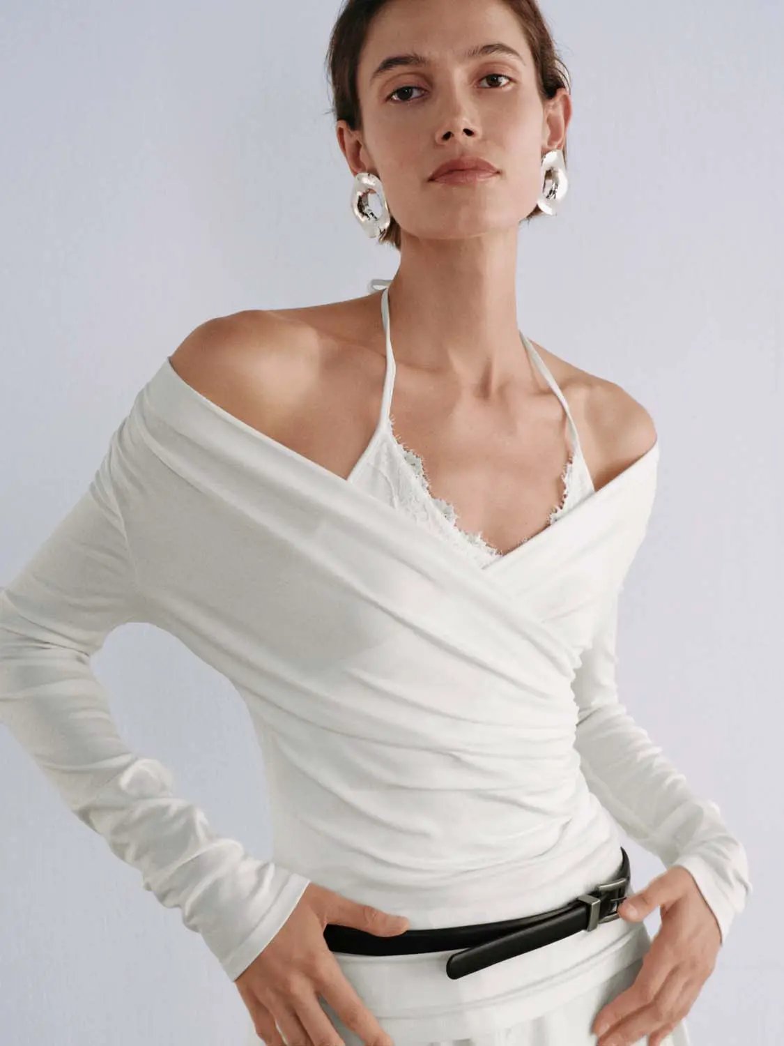 Ruched Wrap V-Neck Lace Trim Long Sleeve Top