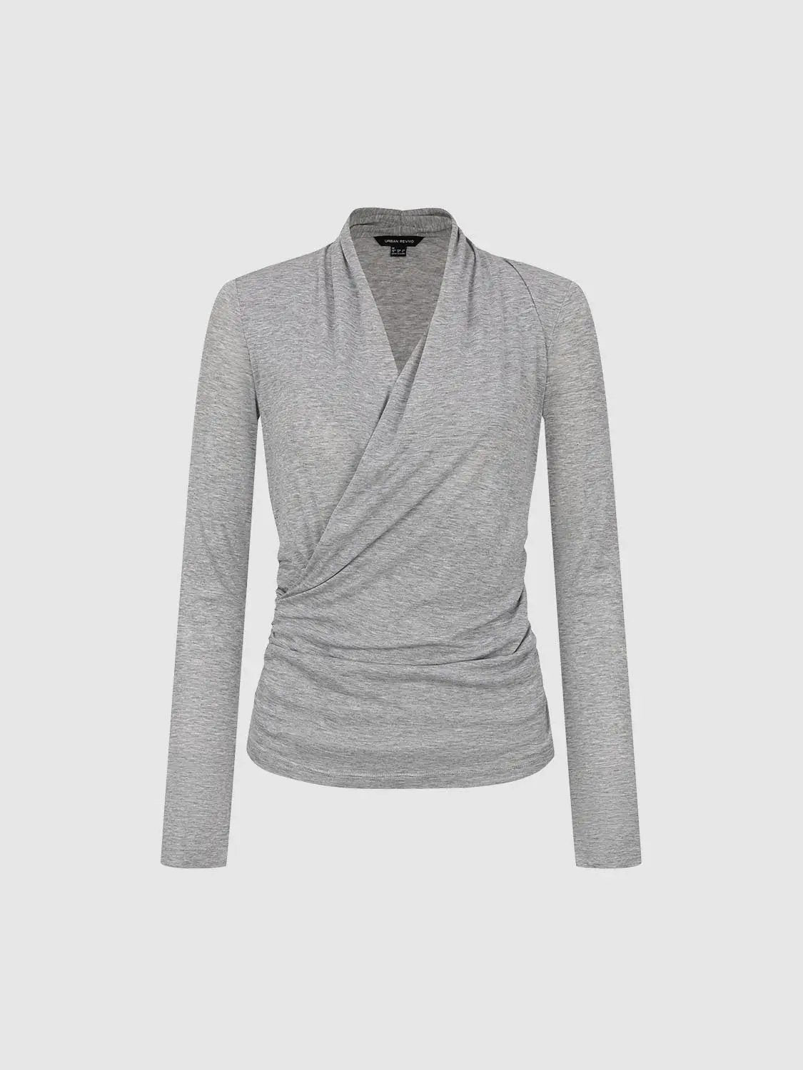 Long Sleeve Wrap Ruched Fitted Knit T-Shirt With Rounded Hem