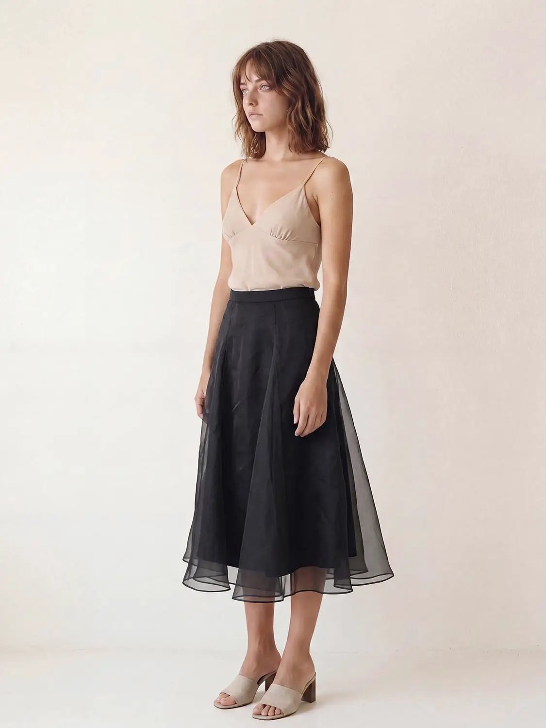 High Waist Irregular Hem Flared Midi Mesh Skirt