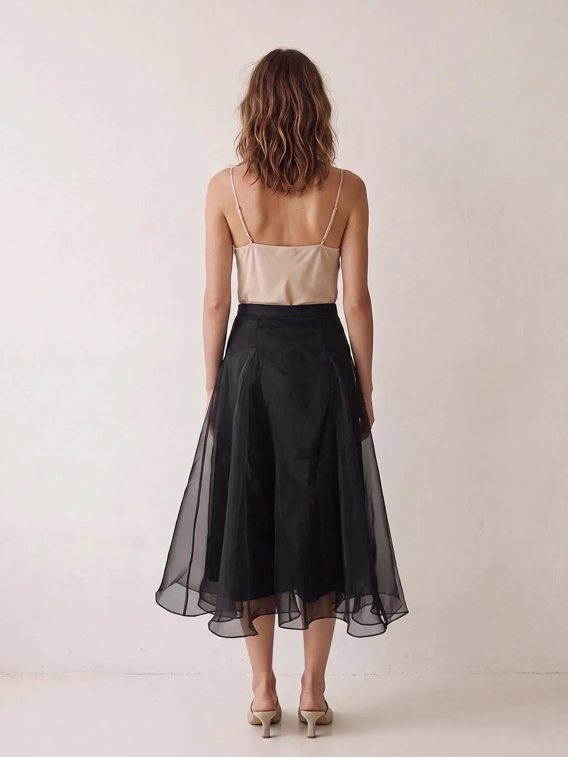 High Waist Irregular Hem Flared Midi Mesh Skirt