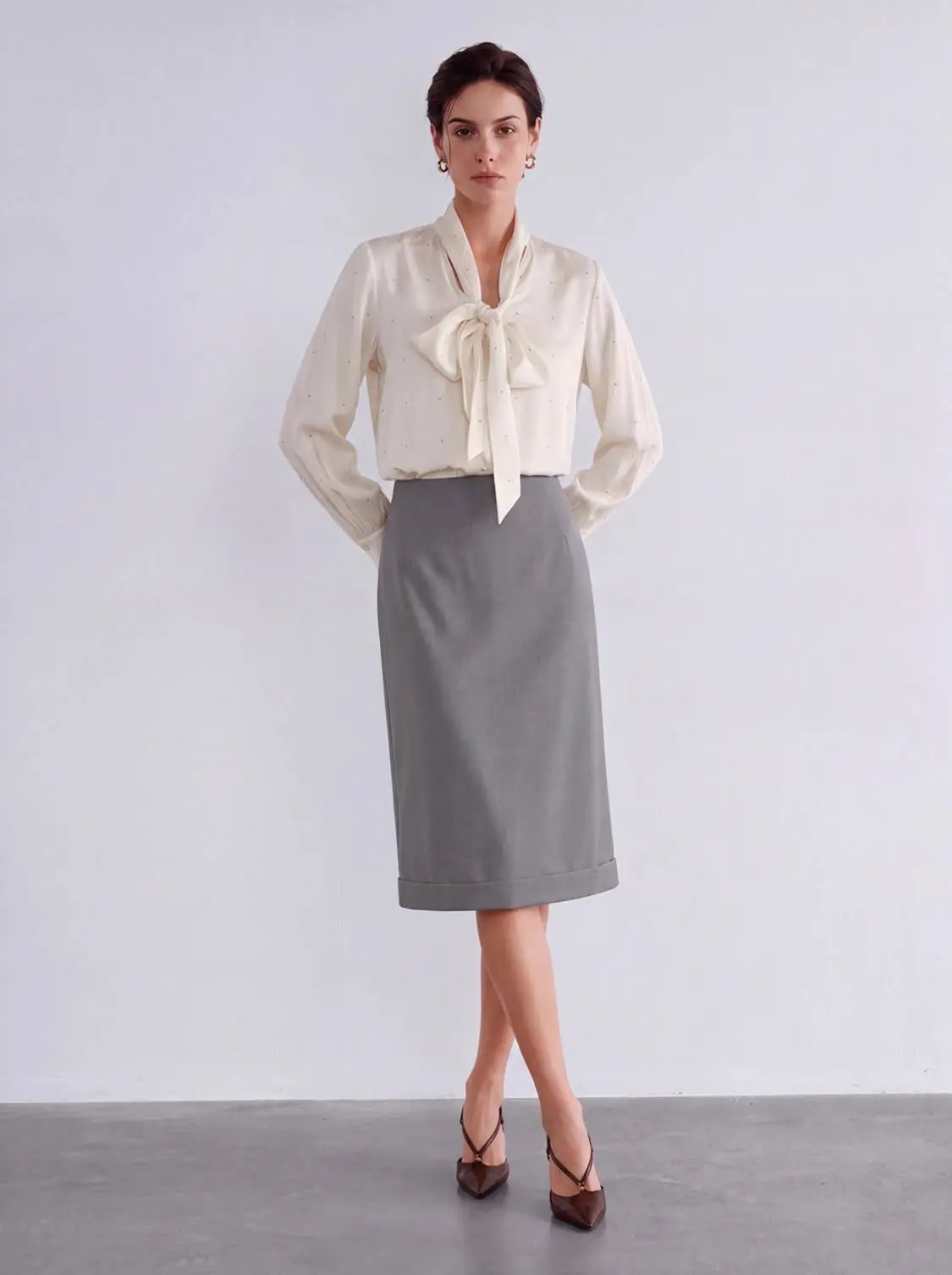 High Waist Cuff Hem Lined Stretch Straight Midi Skirt