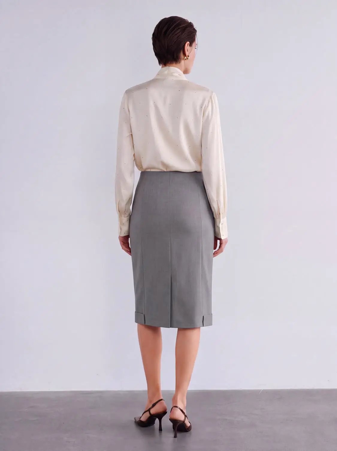 High Waist Cuff Hem Lined Stretch Straight Midi Skirt