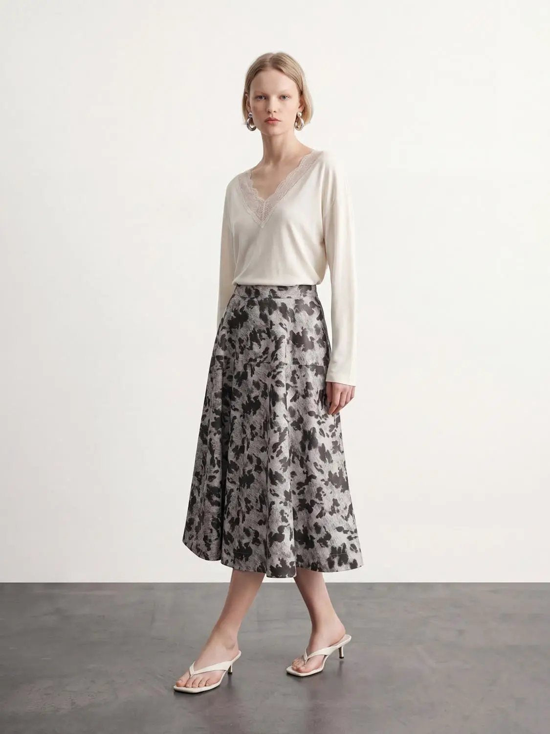 High Waist Printed Thick Stretch A-Line Midi Skirt