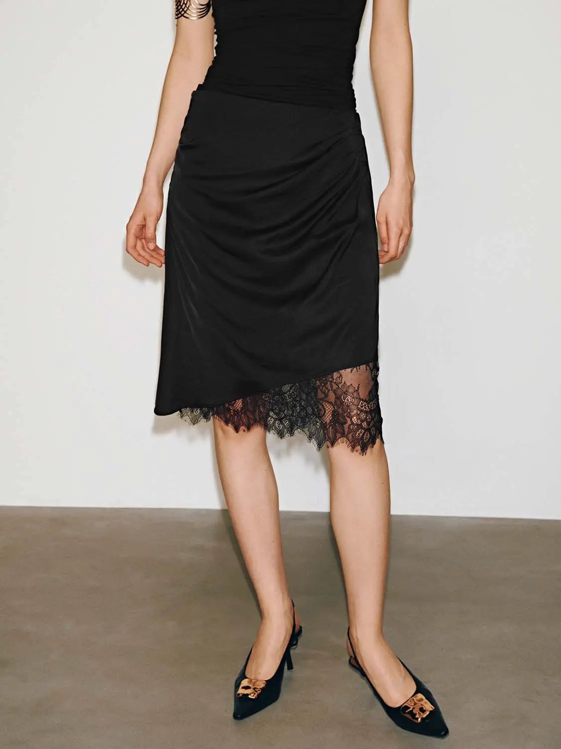 Lace Trim Draped Viscose Lyocell Linen Blend Midi Skirt