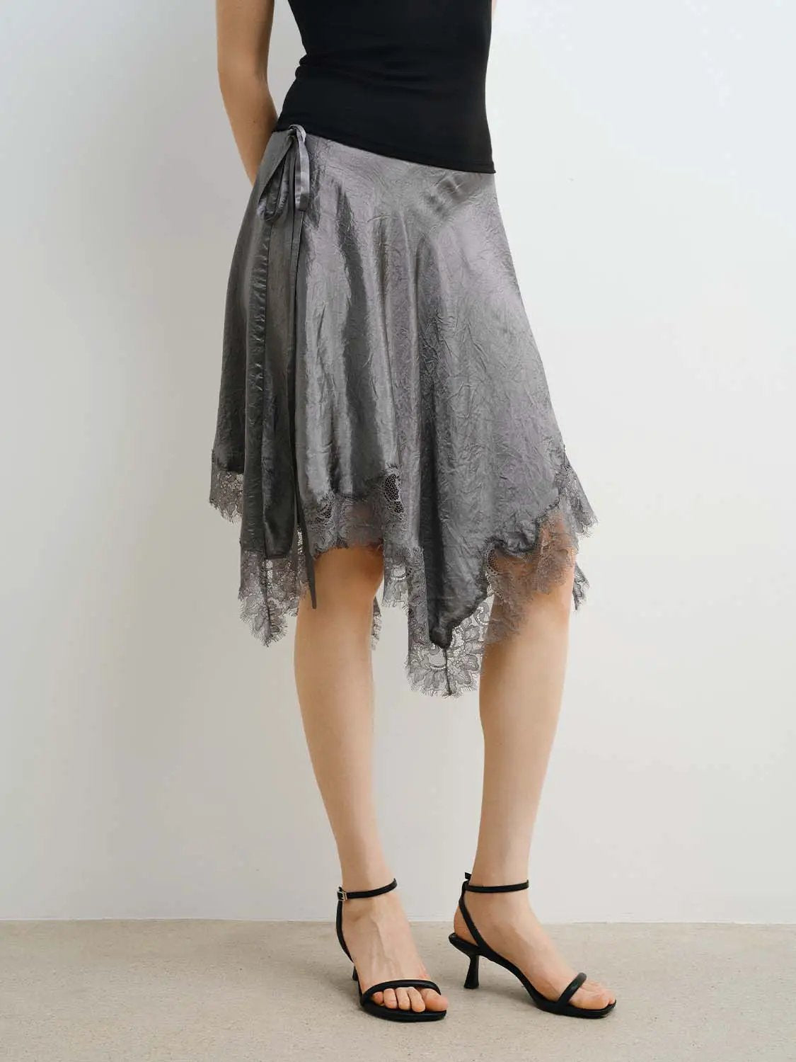 Metallic Wrap Satin Tie With Lace Hem Skirt