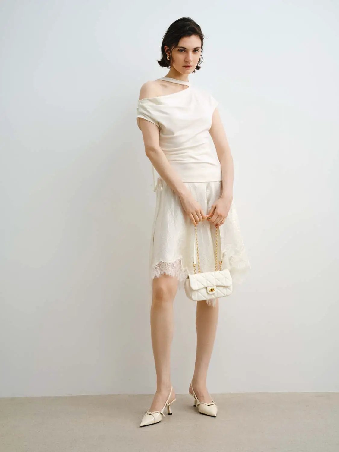 Metallic Wrap Satin Tie With Lace Hem Skirt