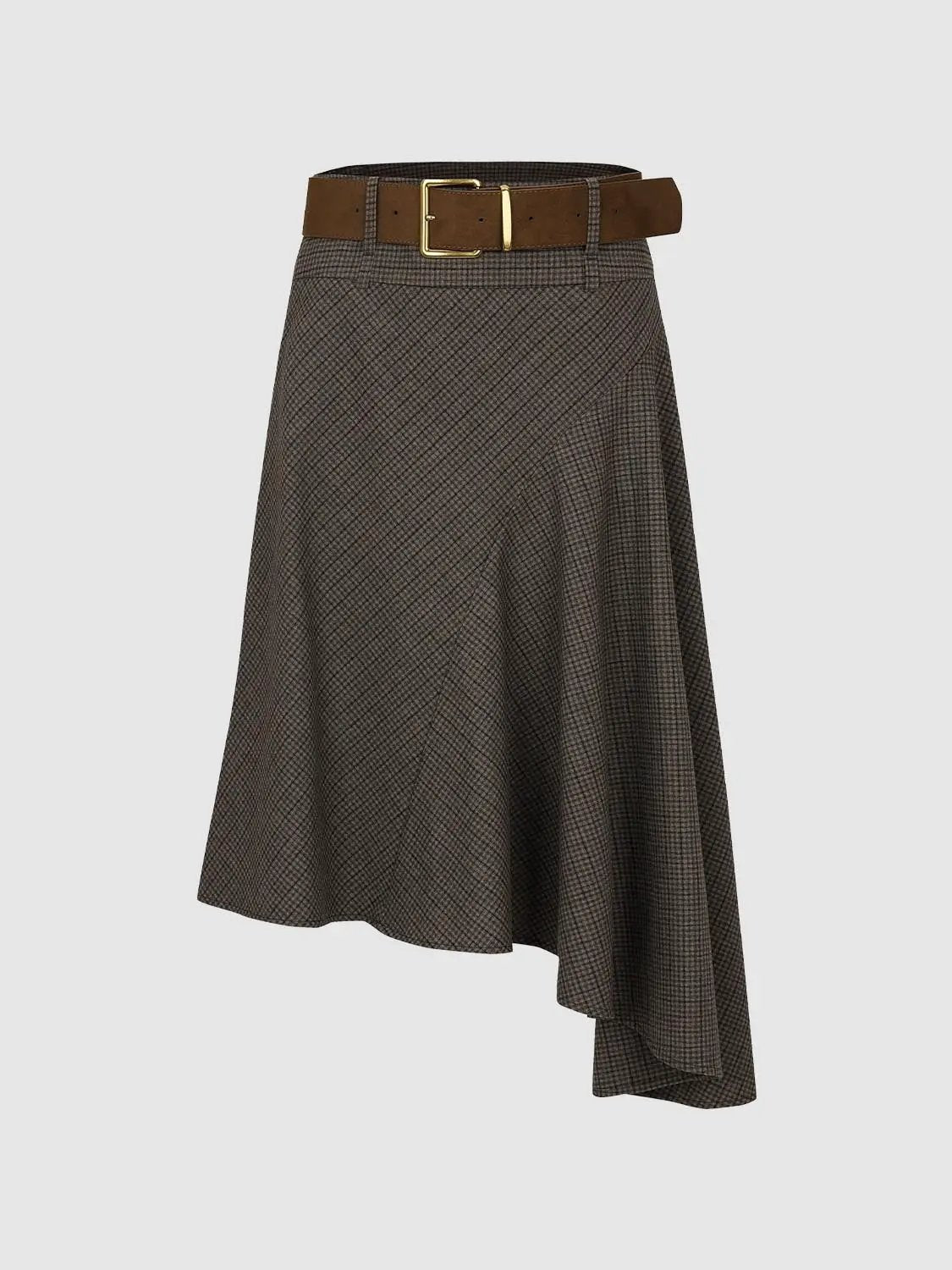 Belted Checked Asymmetric Hem A-Line Skirt