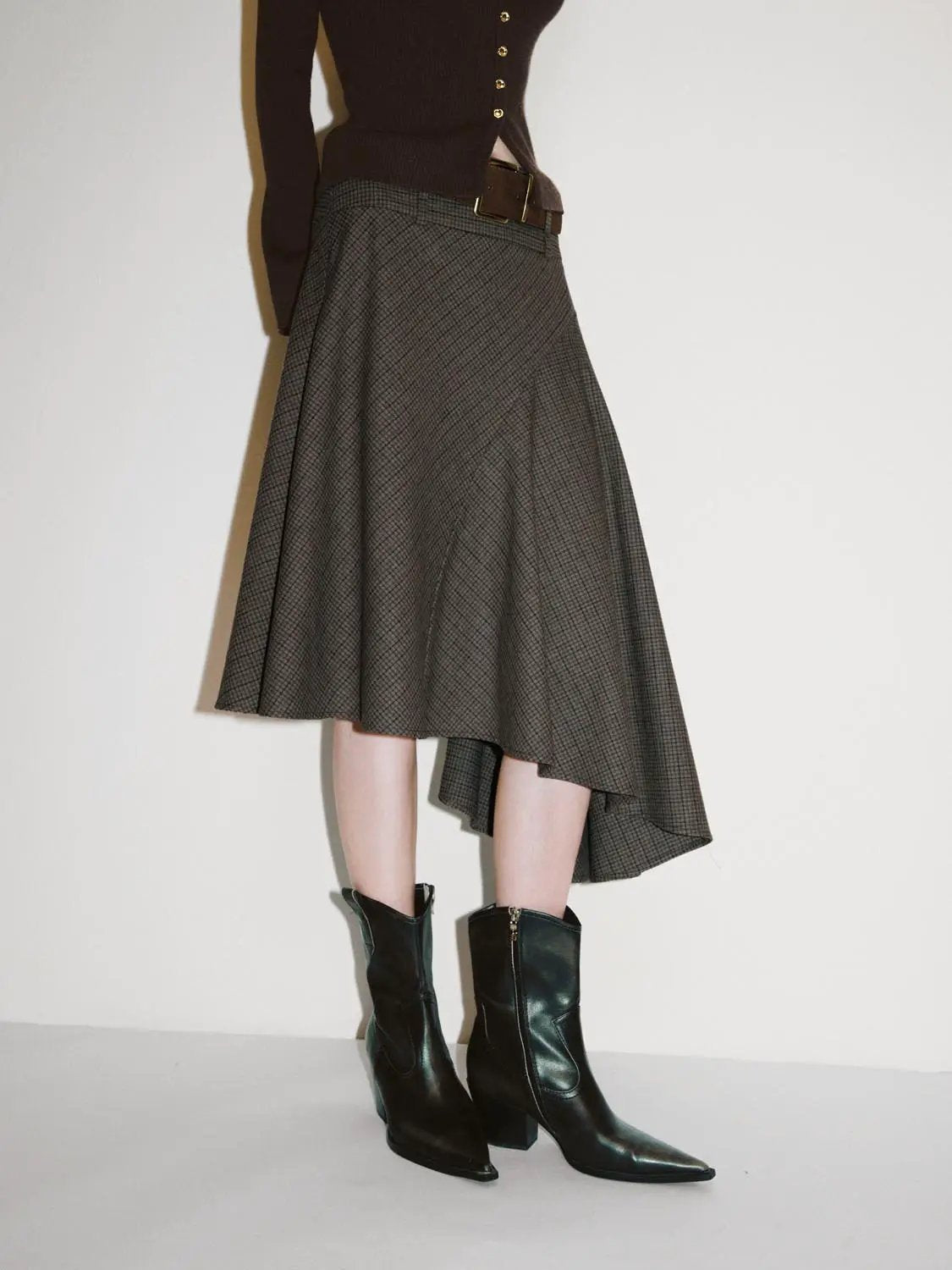 Belted Checked Asymmetric Hem A-Line Skirt