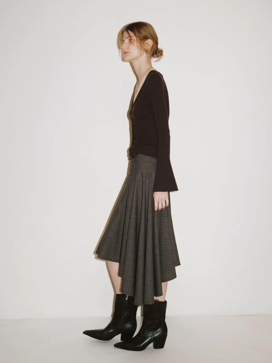 Belted Checked Asymmetric Hem A-Line Skirt