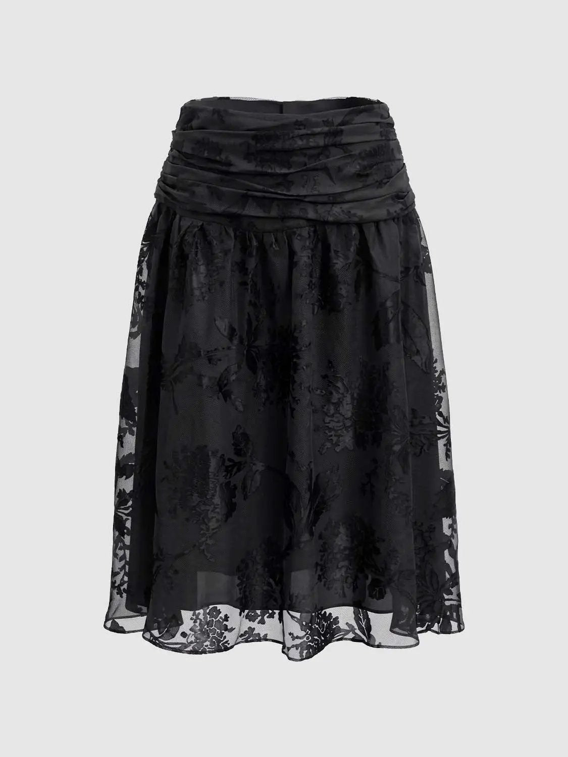 Thin Ruched Floral Print A-Line Midi Skirt