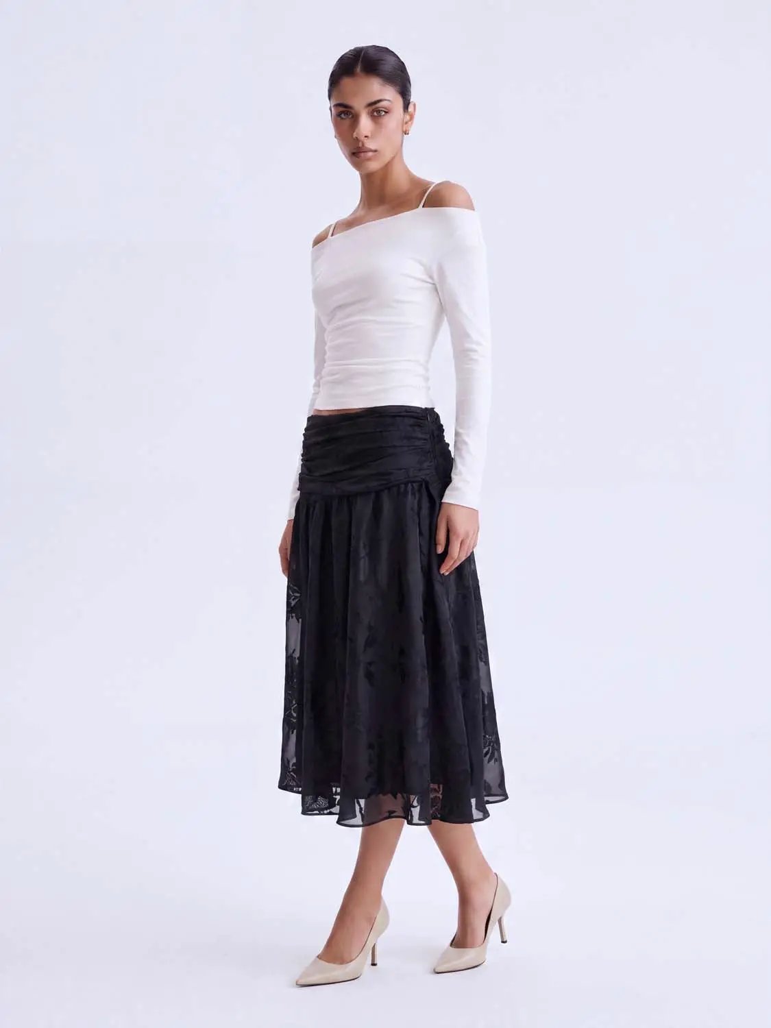 Thin Ruched Floral Print A-Line Midi Skirt