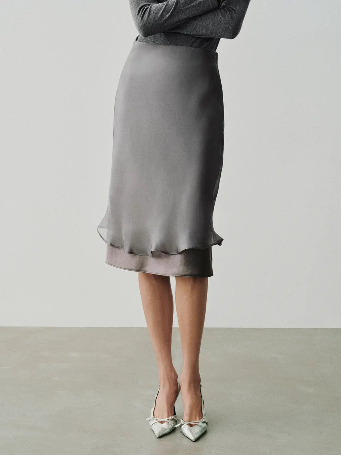 White Layered Hem H-Line Straight Midi Skirt