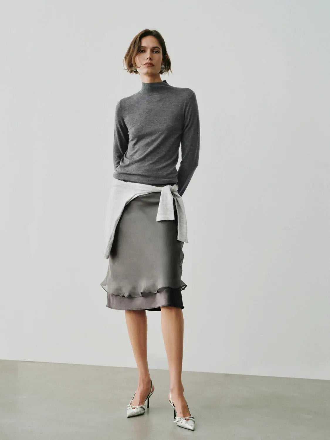 White Layered Hem H-Line Straight Midi Skirt
