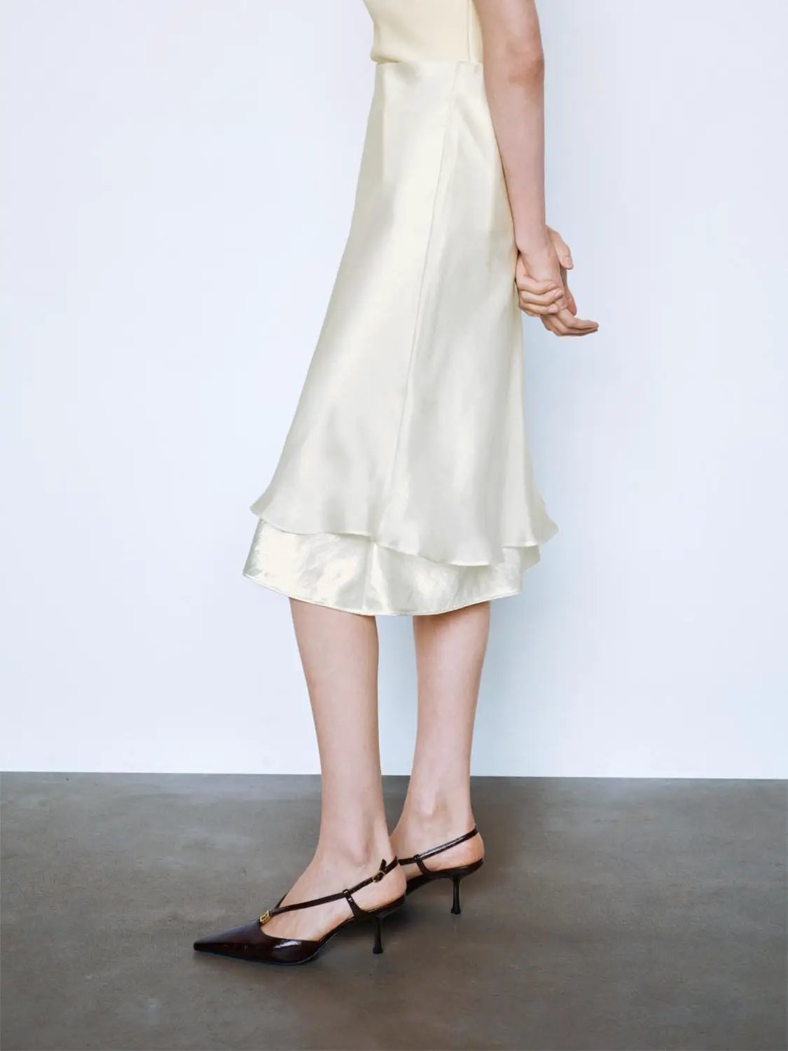 White Layered Hem H-Line Straight Midi Skirt