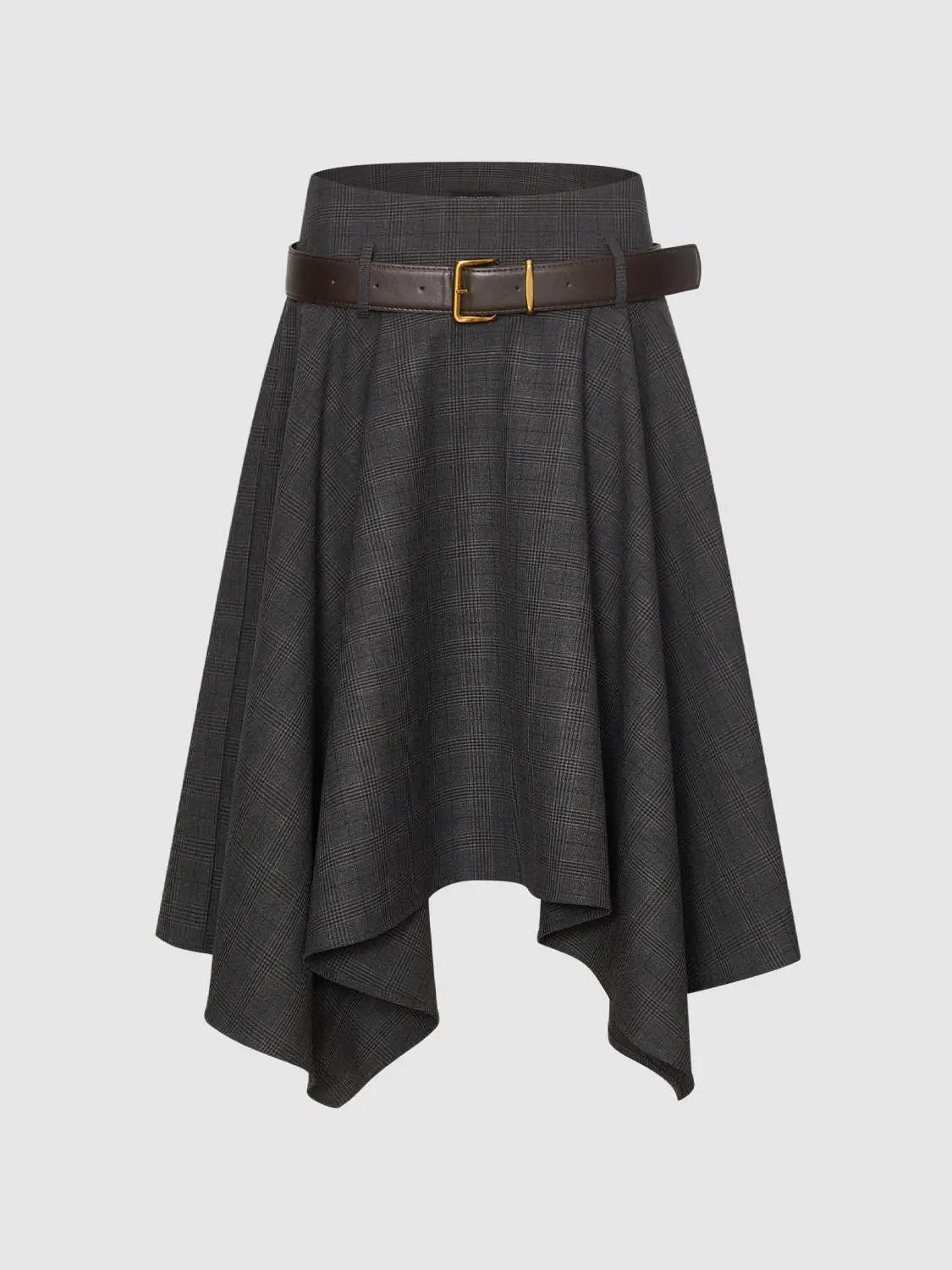 Belted Checked Asymmetric Hem A-Line Mid-rise Skirt