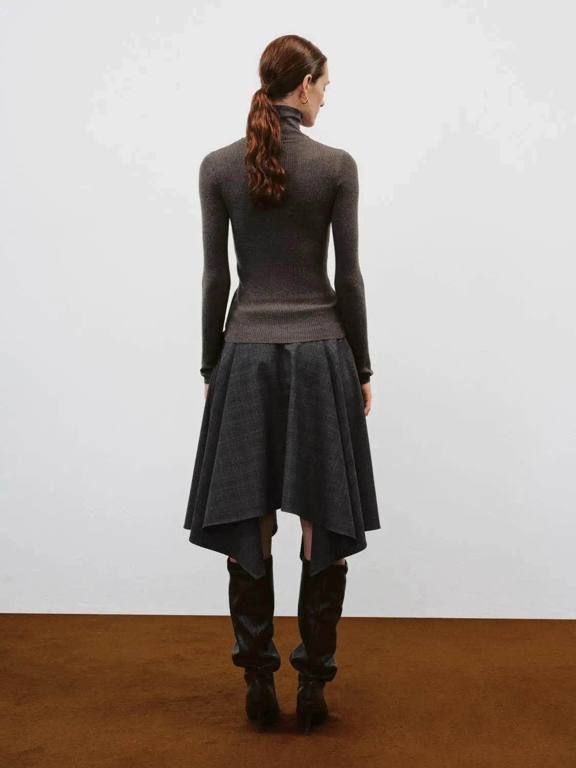 Belted Checked Asymmetric Hem A-Line Mid-rise Skirt