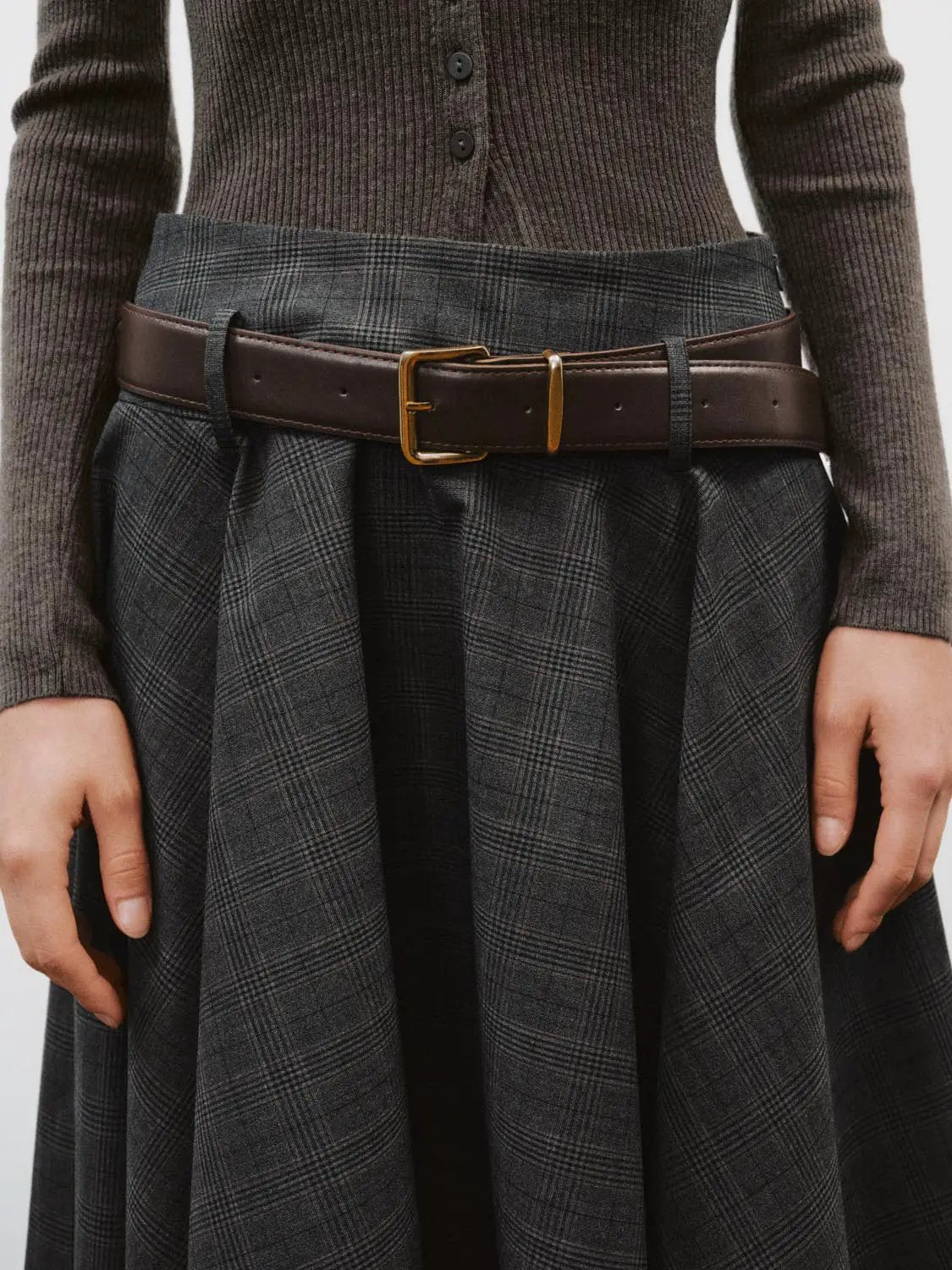 Belted Checked Asymmetric Hem A-Line Mid-rise Skirt