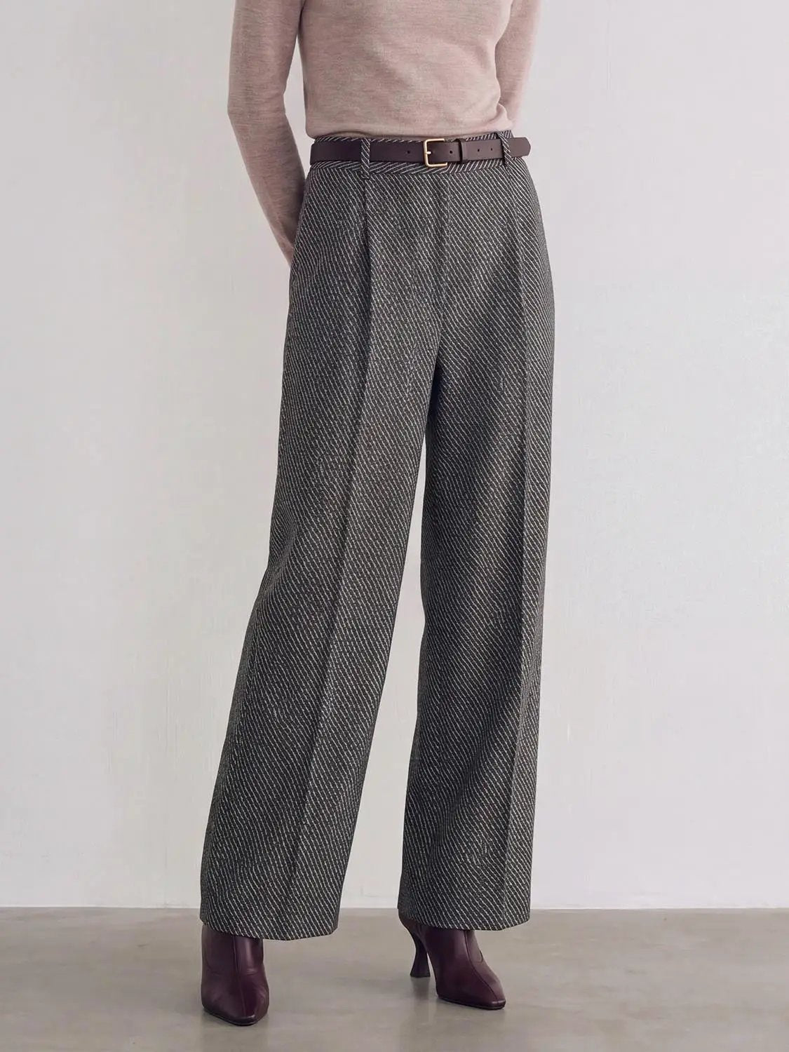 High Waist Textured Weave Diagonal Stripe Straight Leg Pants