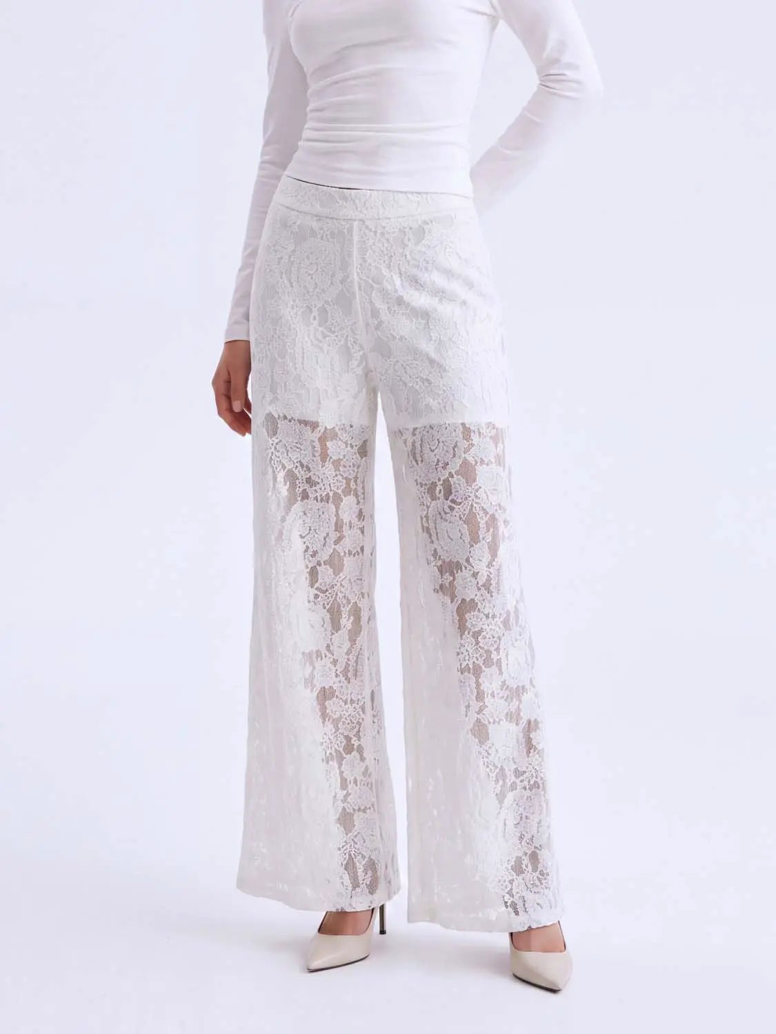 White Floral Lace Mid-rise Wide-leg Pants
