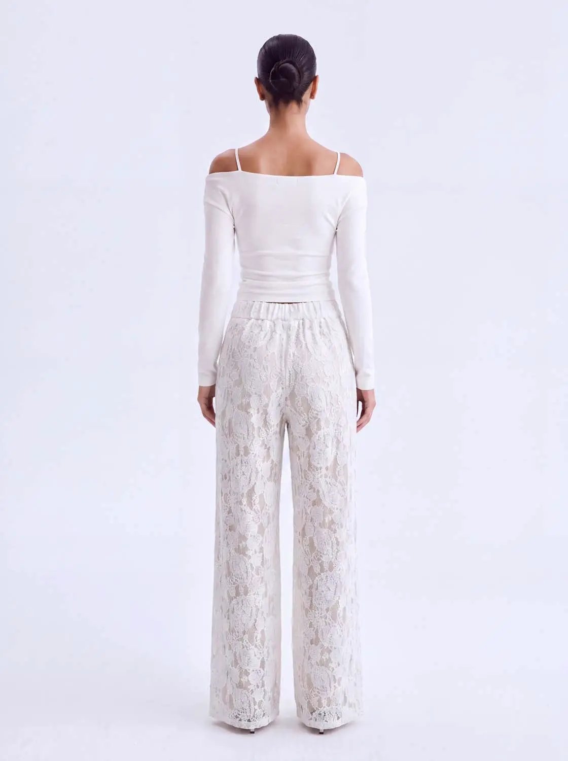 White Floral Lace Mid-rise Wide-leg Pants