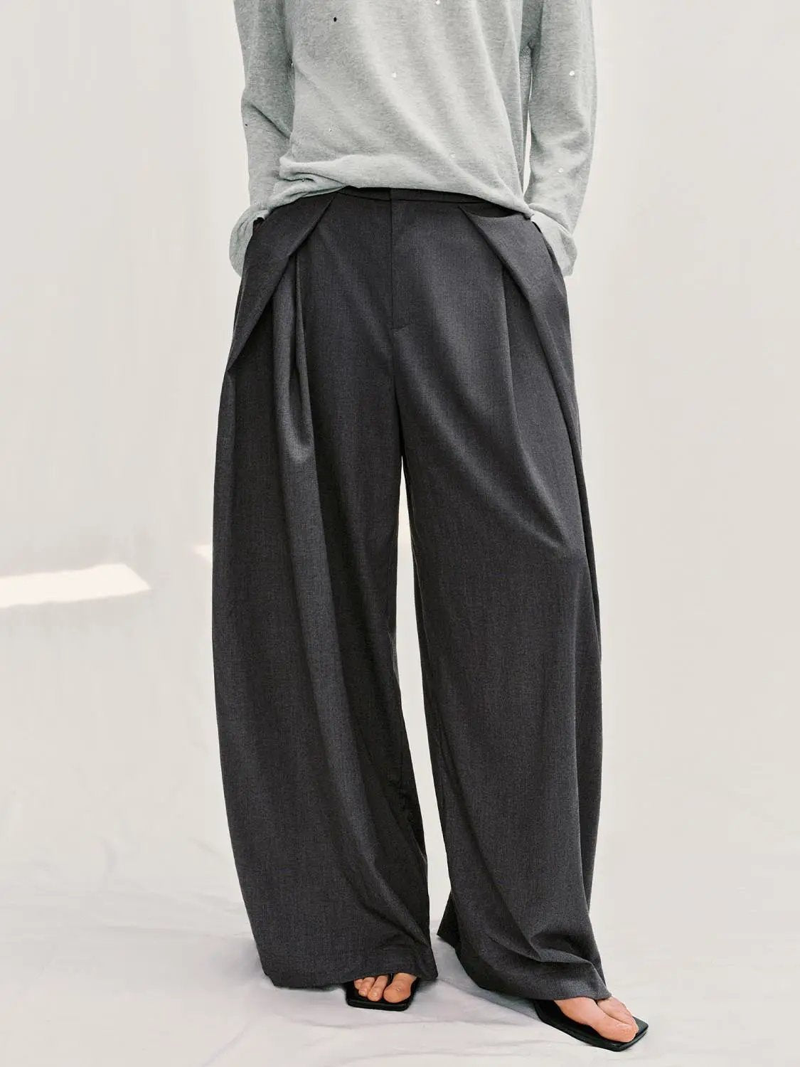 Relaxed Draped Pleated Front Wide-leg Pants