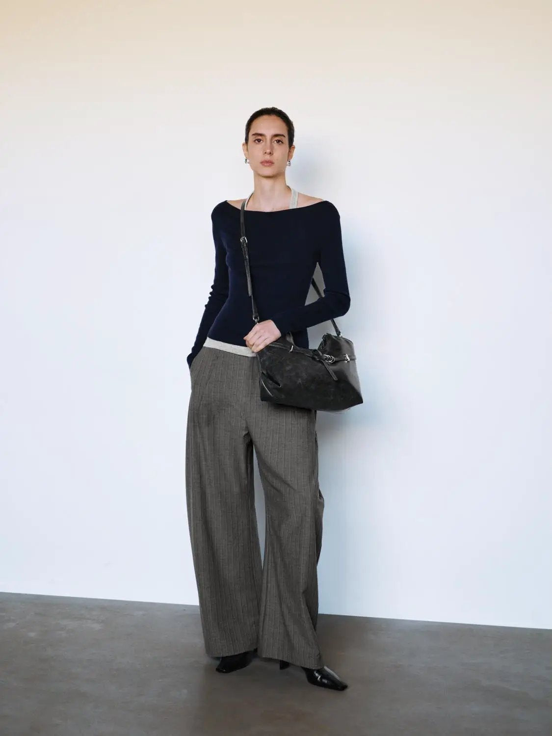 Striped Curved-Leg Pants With Decorative Belt