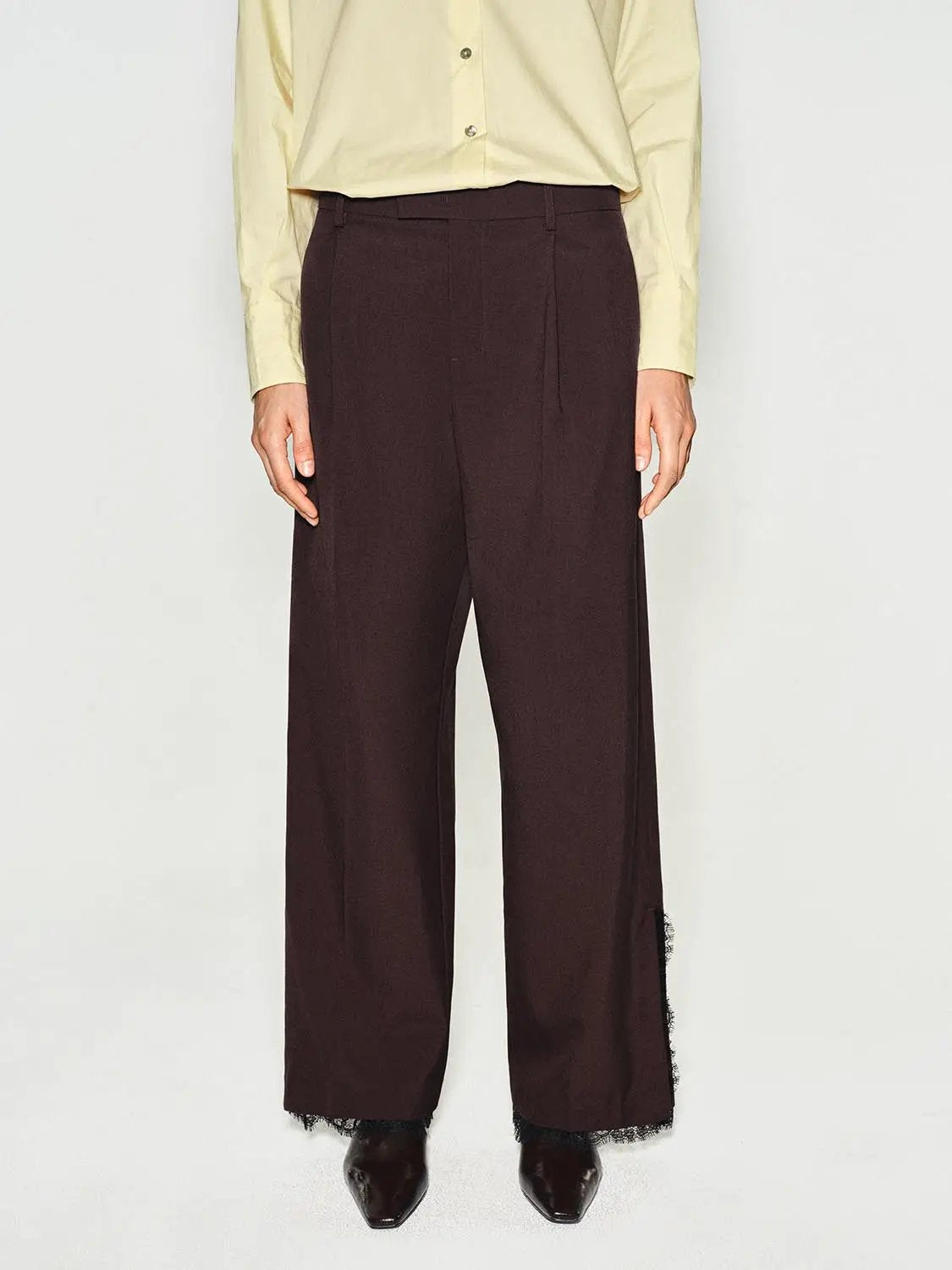 Mid-rise Front Pleated Wide-leg Pants With Raw Hem