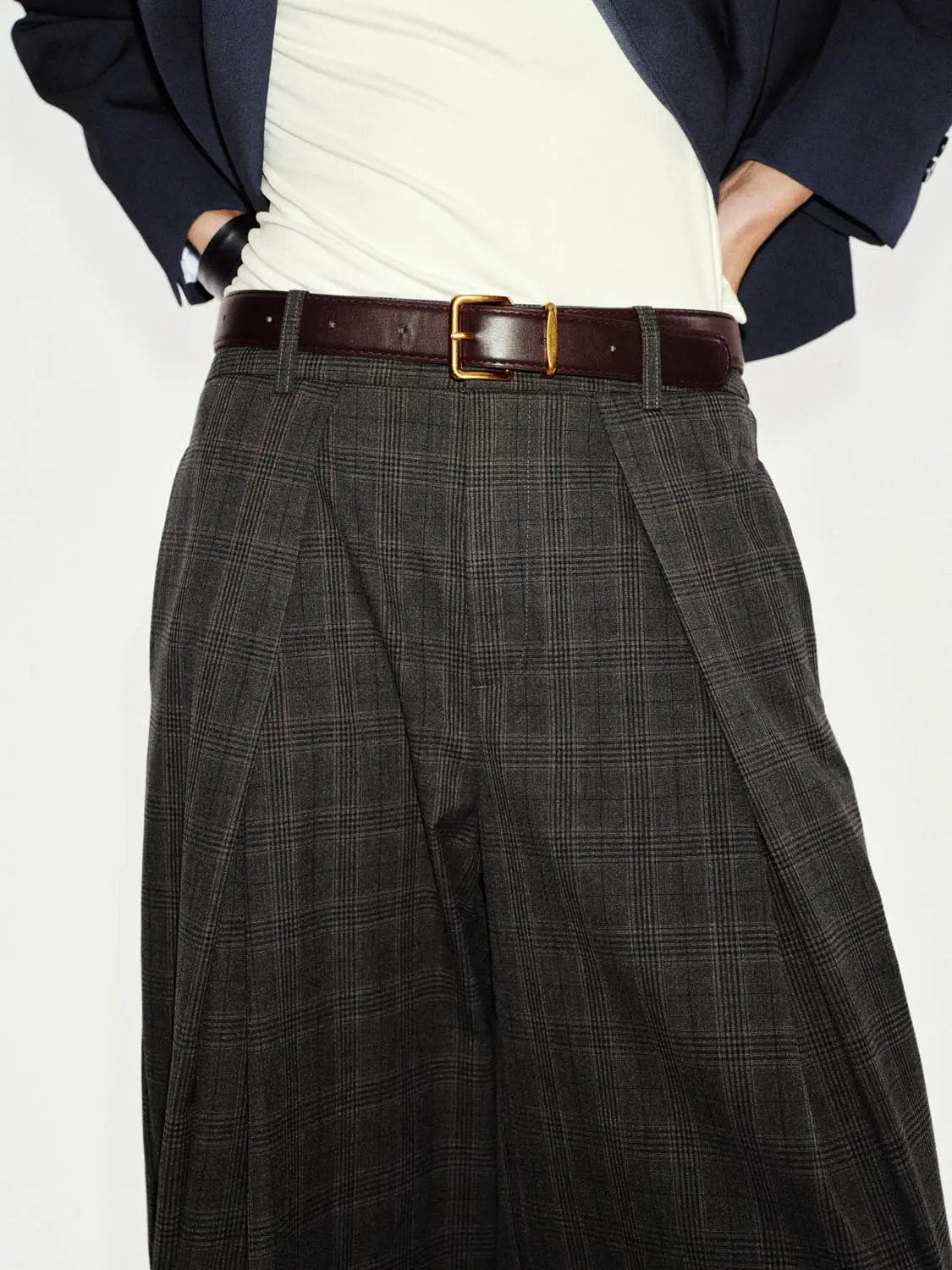 Front Pleated Checked Mid-rise Wide-leg Pants