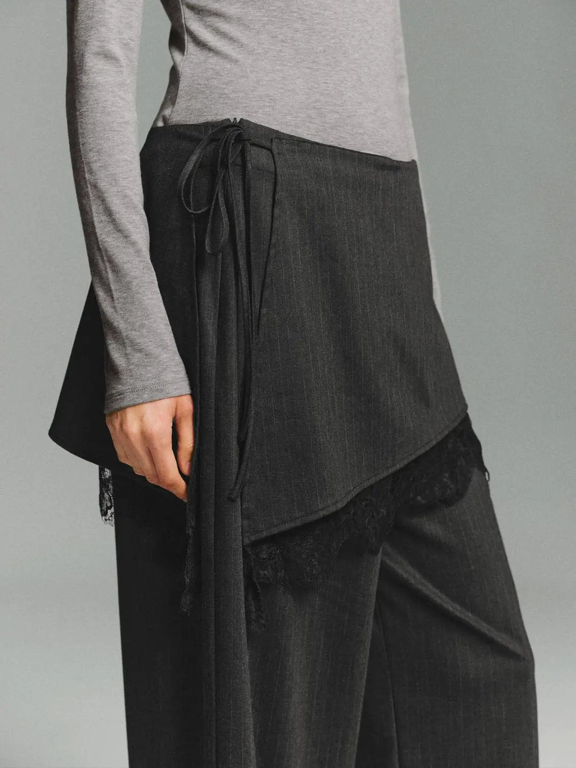 High-waisted Side Tie Wrap Lace Trim Wide-leg Pants