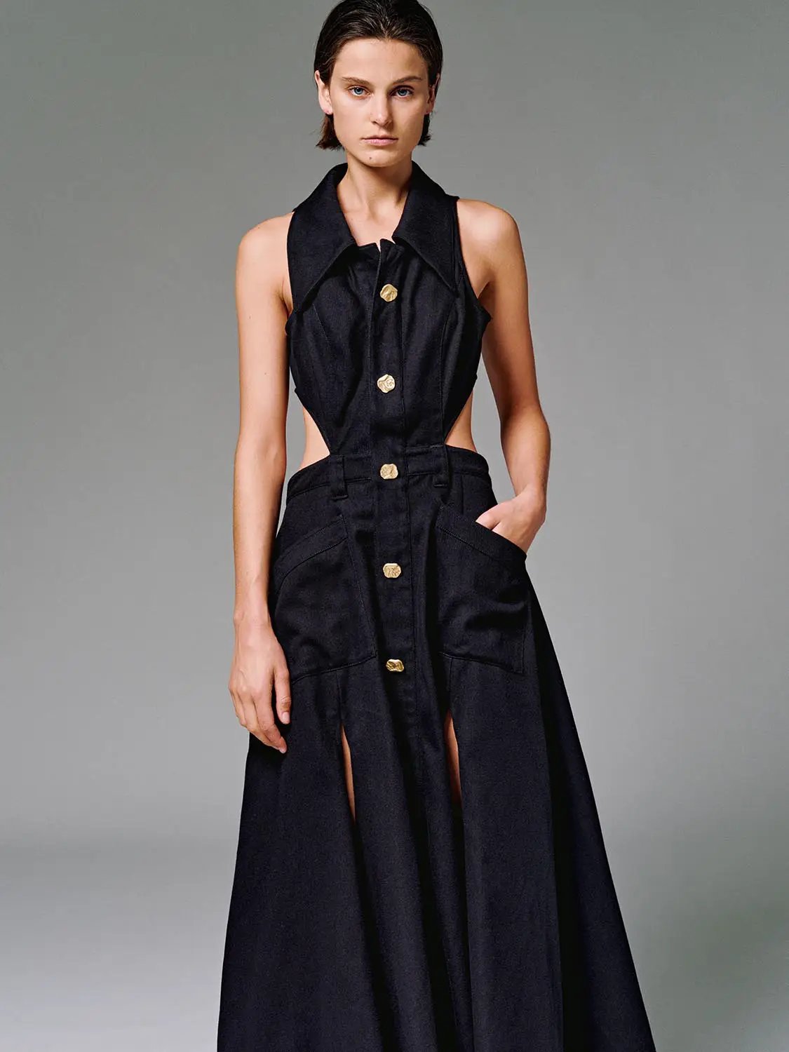 Halter Collar Cutout Sleeveless Cotton Maxi Dress